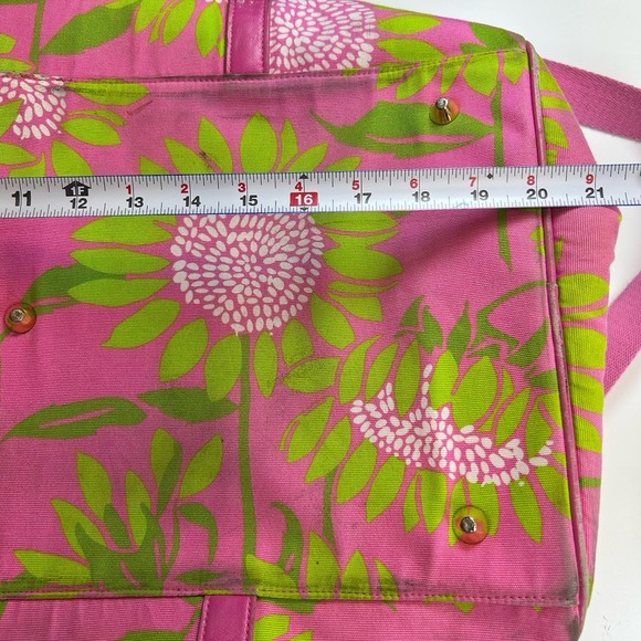 Lilly Pulitzer Sunflower Soleil Duffle Bag With Leather Strap Pink Green 20"x10" - Picture 3 of 13